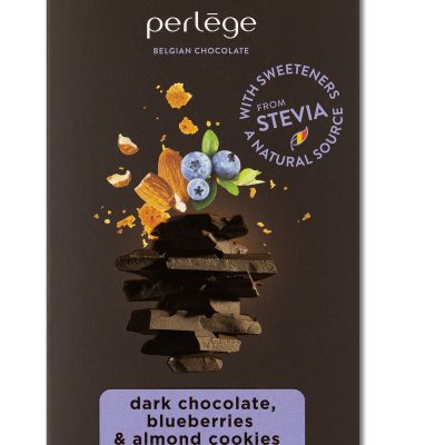 Mørk sjokolade, blåbær & mandler kjeks (7%) med søtningsmidler  85 gram